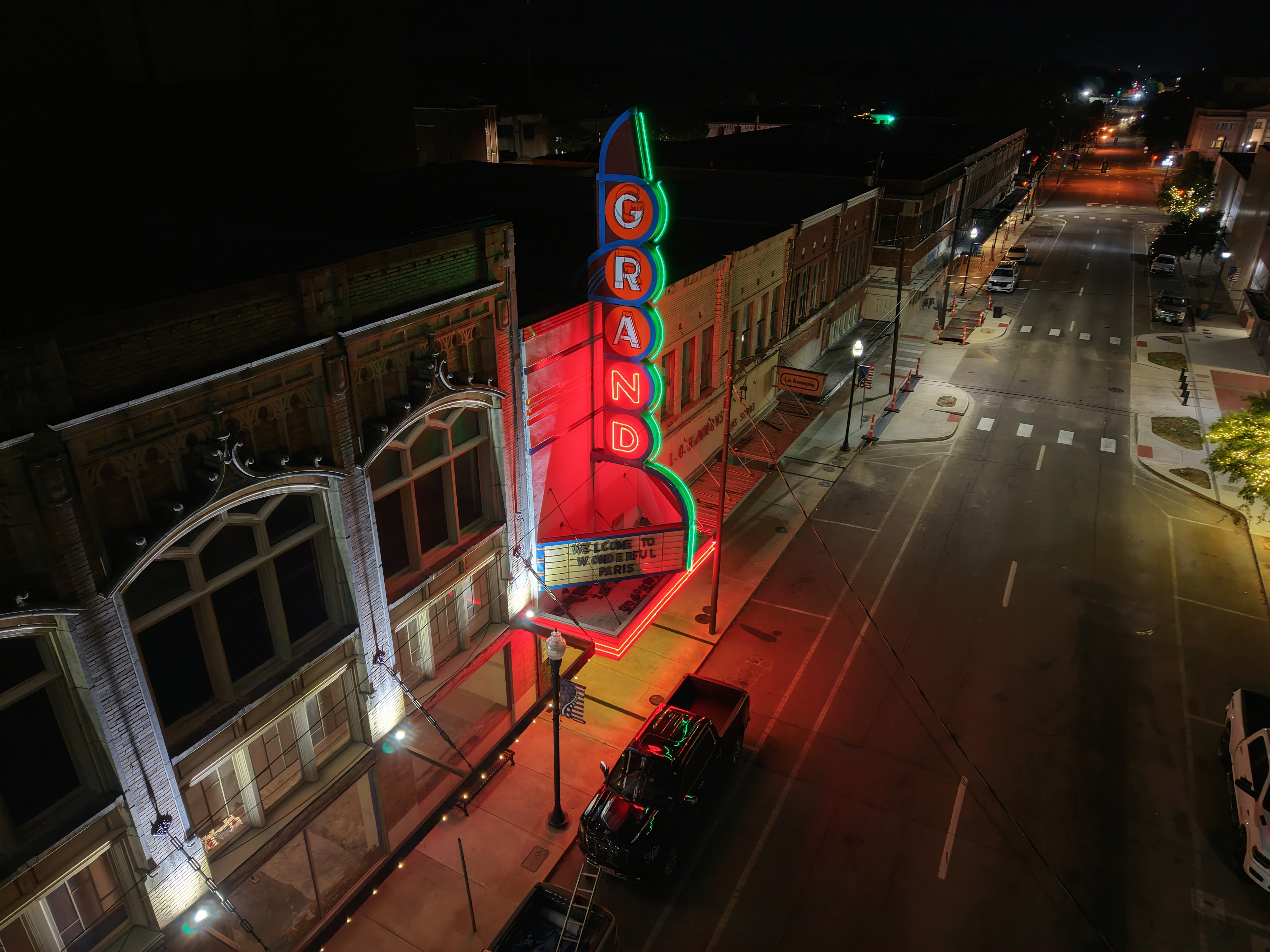 Paris TX downtown aerial night
